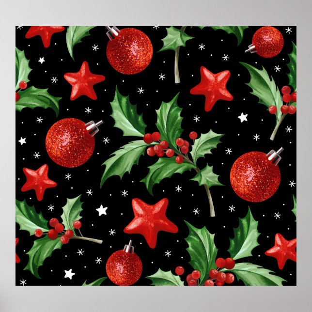 Christmas Holly Snow Stars Seamless Poster (Front)