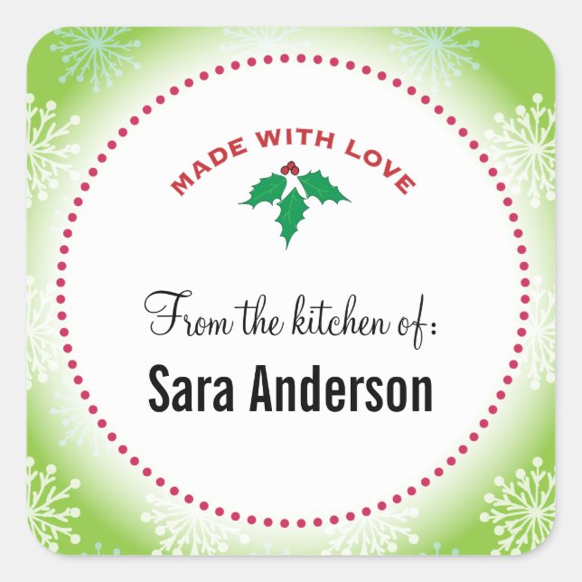 Christmas Holly & Snowflakes, Personalized Baking Square Sticker (Front)
