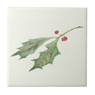 Christmas Holly Sprig Rustic Botanical Gift Tag Ceramic Tile