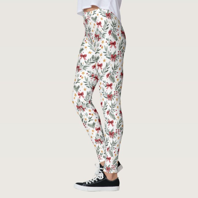 Christmas Holly, Stars and Bows Leggings (Left)