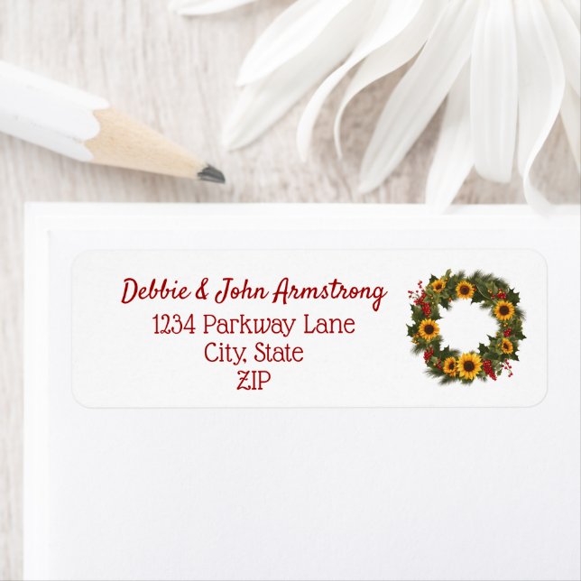 Christmas Holly Sunflower Floral Holiday Wreath Label (Insitu)