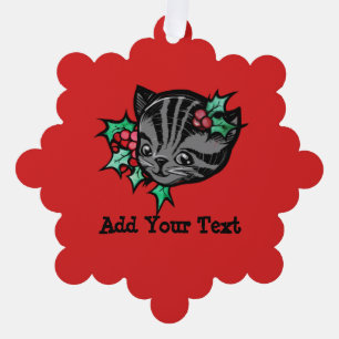 Christmas Holly Tiger Stripe Tabby Cat Xmas Ornament Card