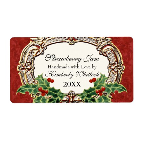 Christmas Holly W Gold Look Damask Kitchen Food Label