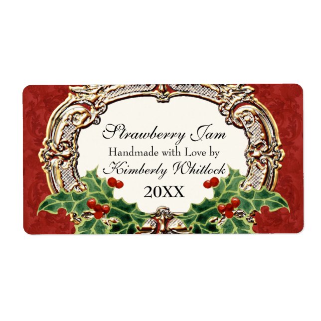 Christmas Holly w Gold Look Damask Kitchen Food Label (Front)
