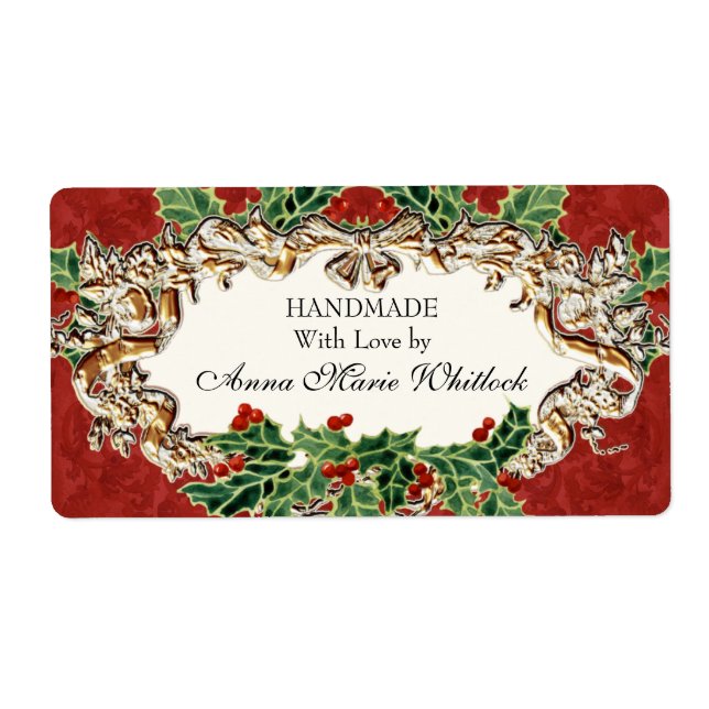 Christmas Holly w Gold Look Ribbon Damask Kitchen Label (Front)