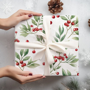 Christmas Holly Watercolor Red and Green Wrapping Paper Sheets