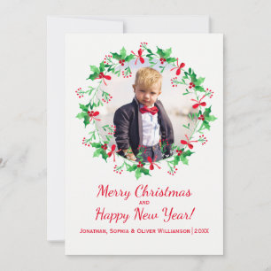 Christmas Holly Watercolor Wreath Holiday Photo Card
