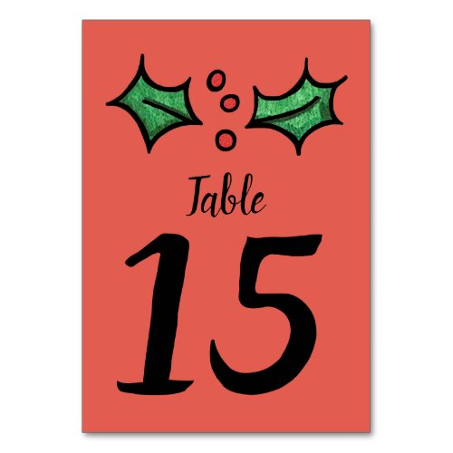 Christmas Holly Wedding Table Number