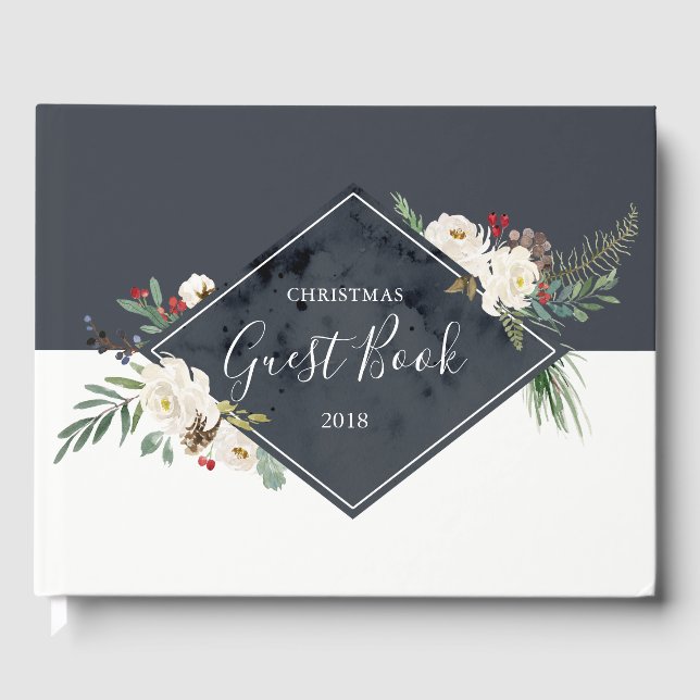 Christmas Holly & White Roses Bouquet Frame Guest Book (Front)