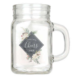Christmas Holly & White Roses Bouquet Mason Jar