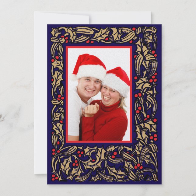 Christmas Holly With Red Berries Border Photo Holiday Card (Front)