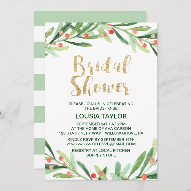 Christmas Holly Wreath Bridal Shower Invitation (Front/Back)