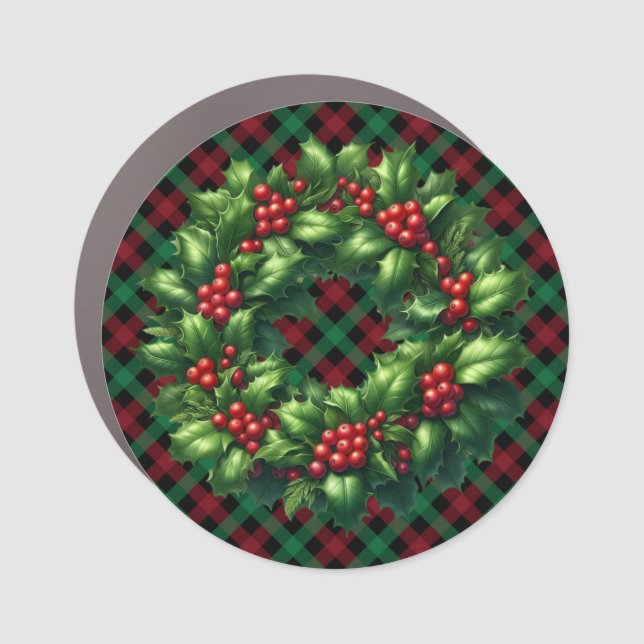 Christmas Holly Wreath Car Magnet (Front)
