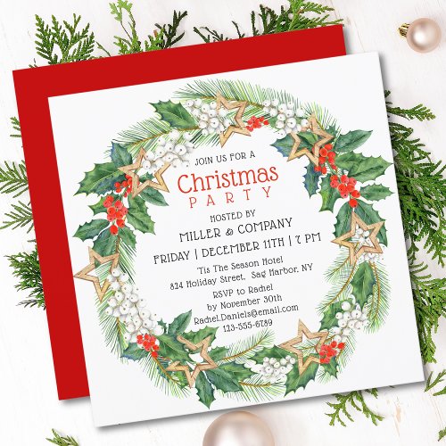 Christmas Holly Wreath Corporate Christmas Party Invitation