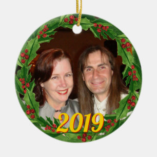 Christmas Holly Wreath Custom Photo Ceramic Ornament