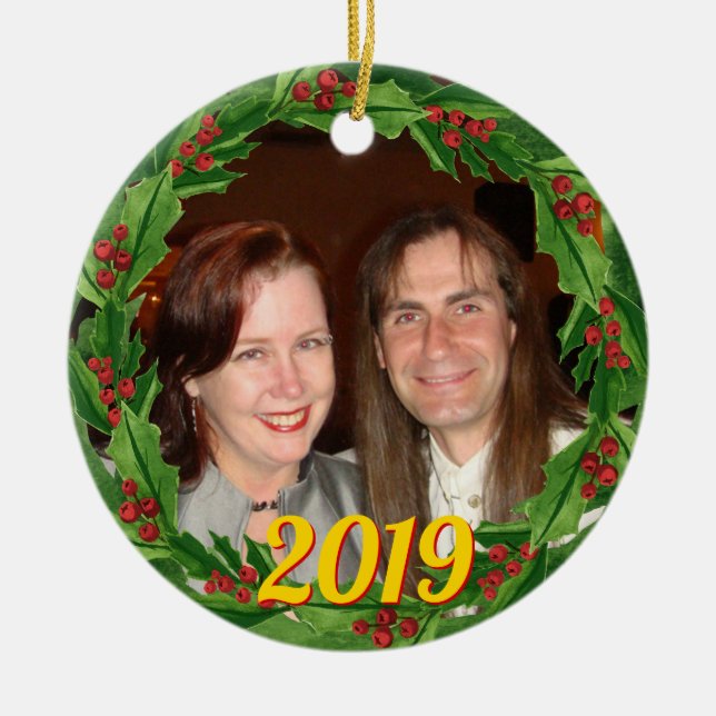 Christmas Holly Wreath Custom Photo Ceramic Ornament (Front)