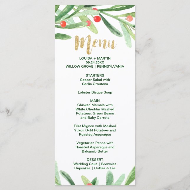 Christmas Holly Wreath Dinner Menu Card (Front)