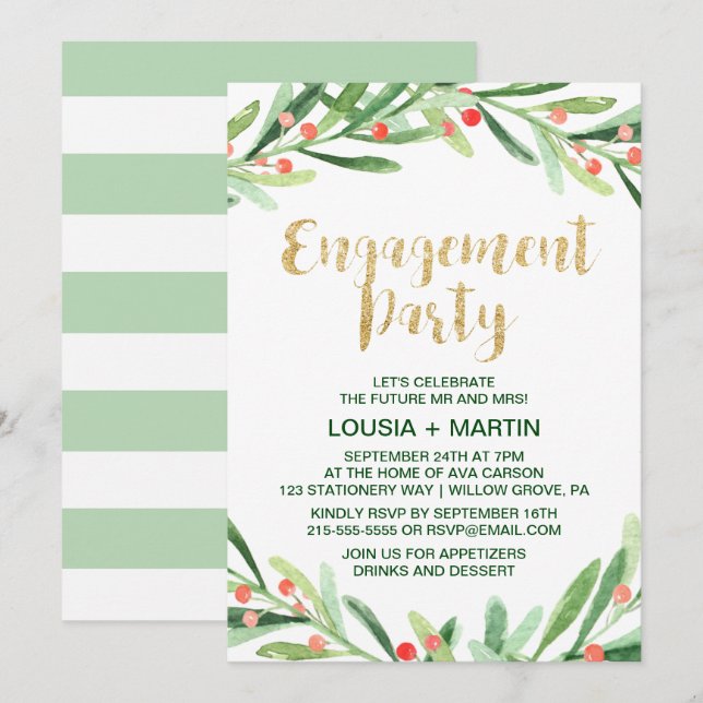 Christmas Holly Wreath Engagement Party Invitation (Front/Back)
