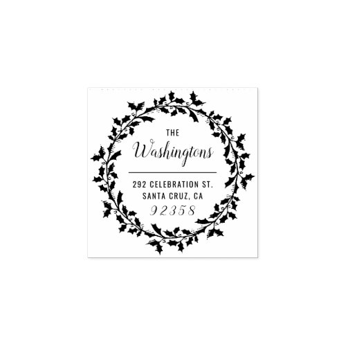 Christmas Holly Wreath Family Name Return Address Rubber Stamp