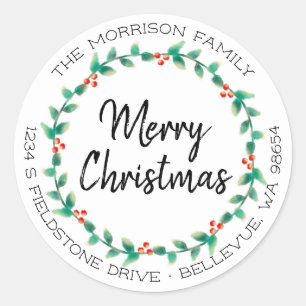 Christmas Holly Wreath Family Return Address Classic Round Sticker