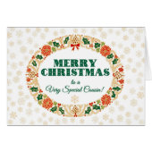 Christmas Holly Wreath, for Cousin, Snowflakes (Front Horizontal)