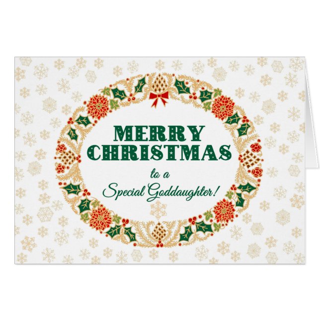 Christmas Holly Wreath, for Goddaughter Snowflakes Cards (Front Horizontal)