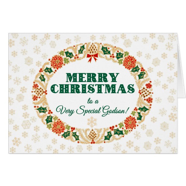 Christmas Holly Wreath, for Godson Snowflakes (Front Horizontal)