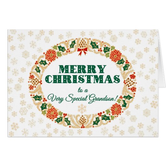 Christmas Holly Wreath, for Grandson Snowflakes (Front Horizontal)