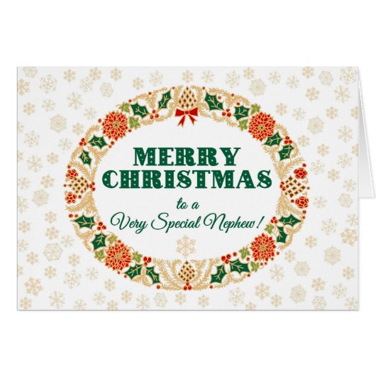 Christmas Holly Wreath, for Nephew, Snowflakes (Front Horizontal)