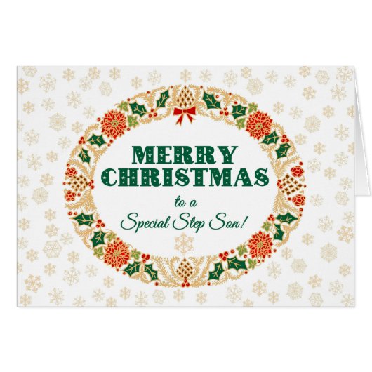 Christmas Holly Wreath, for Step Son, Snowflakes Cards (Front Horizontal)