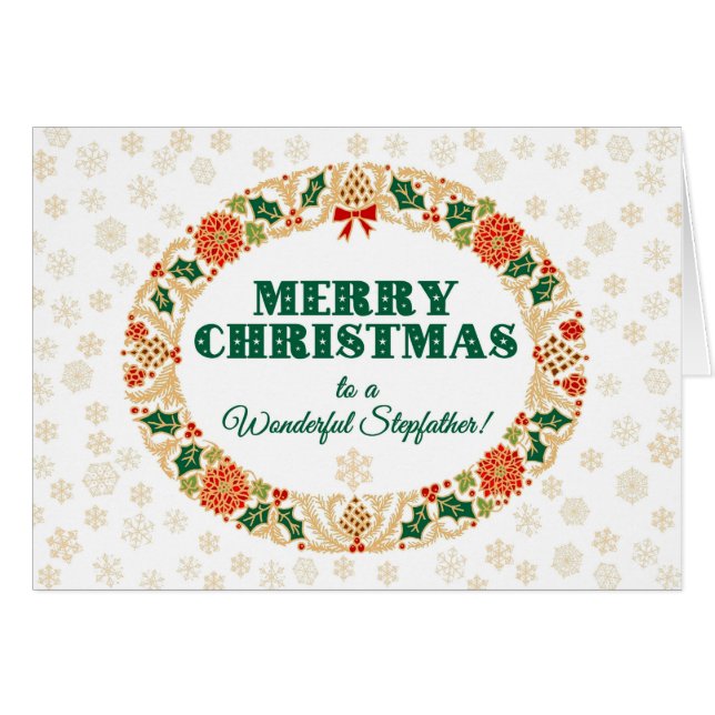 Christmas Holly Wreath, for Stepfather, Snowflakes Cards (Front Horizontal)
