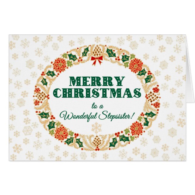 Christmas Holly Wreath, for Stepsister, Snowflakes (Front Horizontal)
