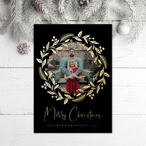 Christmas Holly Wreath Holiday Photo Foil Card