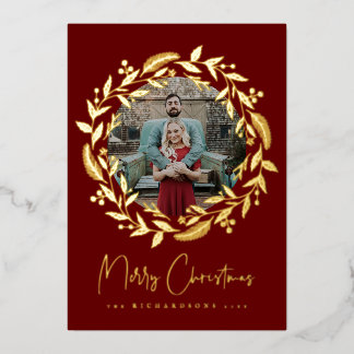 Christmas Holly Wreath Holiday Photo Foil Card