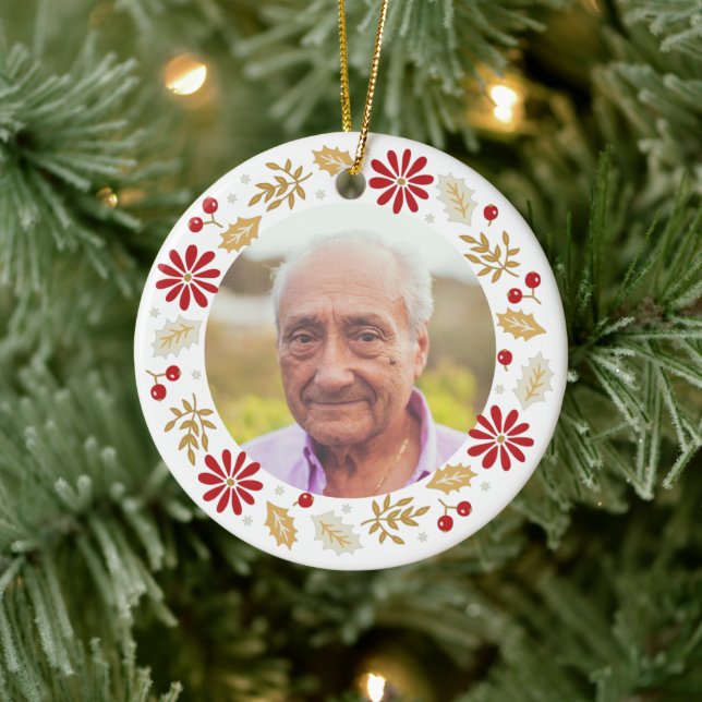 Christmas Holly Wreath Memorial Photo Ceramic Ornament (Tree)