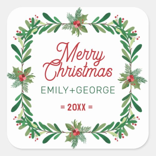 Christmas Holly Wreath Merry Christmas Text Square Sticker