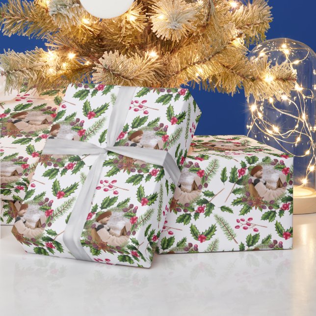Christmas Holly Wreath Personalized Photo Wrapping Paper (Holidays)