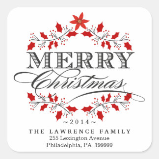 Christmas Holly Wreath Red & White Square Stickers