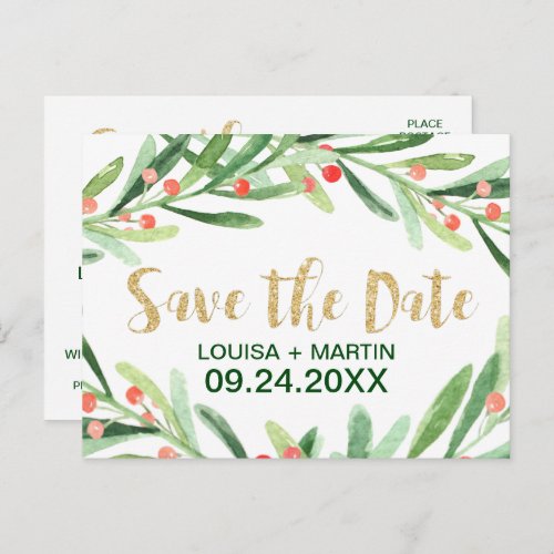 Christmas Holly Wreath Save the Date Announcement Postcard