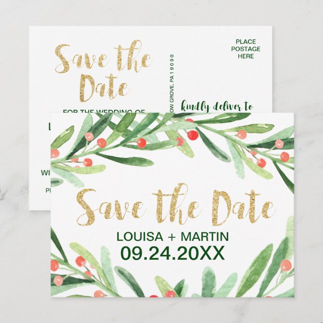 Christmas Holly Wreath Save the Date Announcement Postcard (Front/Back)