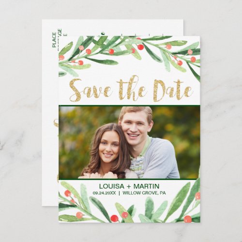 Christmas Holly Wreath Save the Date Photo Announcement Postcard