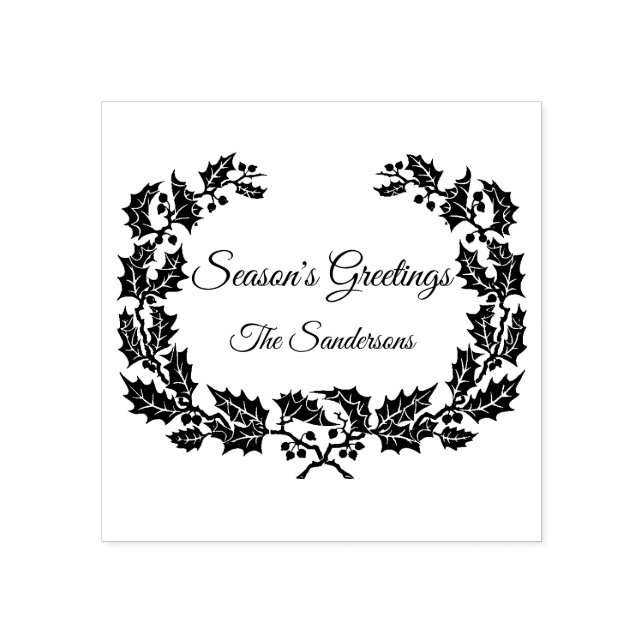 Christmas Holly Wreath Season's Greetings Custom Rubber Stamp (Imprint)