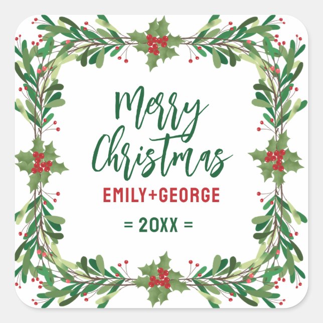 Christmas Holly Wreath Square Sticker (Front)