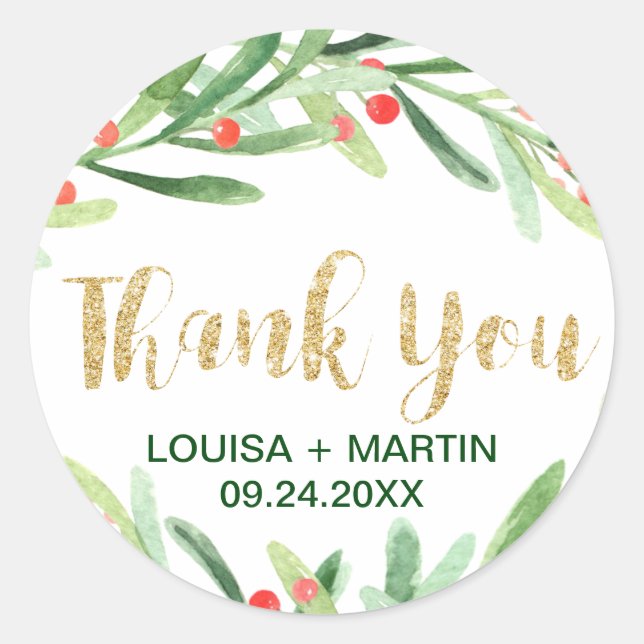 Christmas Holly Wreath Thank You Favor Classic Round Sticker (Front)