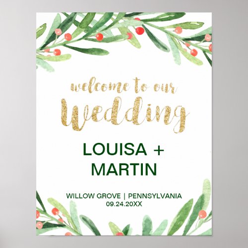 Christmas Holly Wreath Wedding Welcome Poster