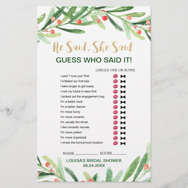 Christmas Holly Wreath "Wedding Word Search" Game (Front)