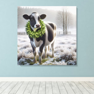 Christmas Holstein Cow Wearing a Wreath Canvas Print