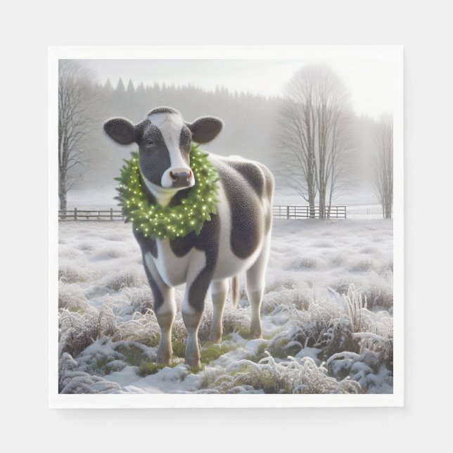 Christmas Holstein Cow Wearing a Wreath Napkins (Front)