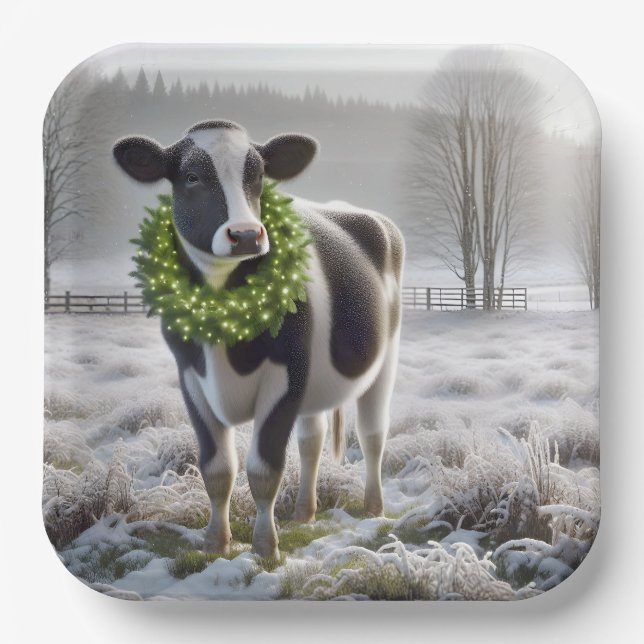 Christmas Holstein Cow Wearing a Wreath Paper Plates (Front)
