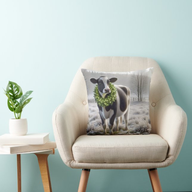 Christmas Holstein Cow Wearing a Wreath Throw Pillow (Chair)